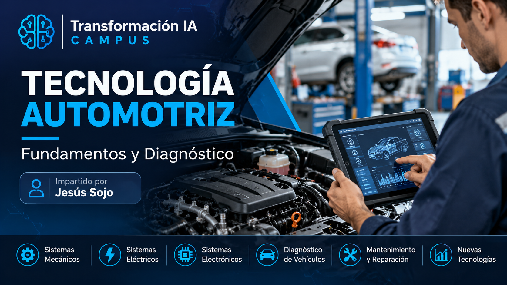 Portada del curso Tecnología Automotriz: Fundamentos y Diagnóstico, impartido por Jesús Sojo.
